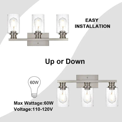 Diagram showing Three Light Wall Mount Bathroom Light Fixture in Brushed Nickel Finish with Seeded Glass Shade, easy installation.