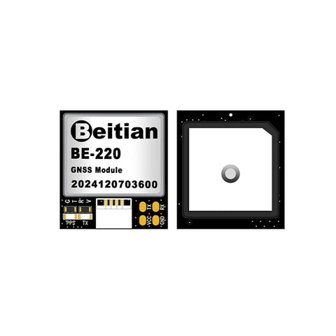 BE-220 FPV GPS Module With Dual Protocol M10 GNSS for RC FPV racing drones and fixed-wing aircraft, front view and circuit detail
