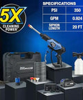 Portable Cordless Pressure Washer With Turbo Jet Power 350 PSI 21V Battery, accessories, and box kit displayed.