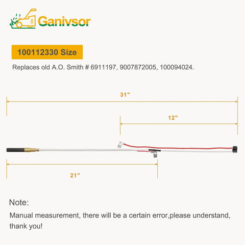 Ganivsor Minivolt thermopile assembly for water heater; 31-inch length, red/white wires, black sensor tip.