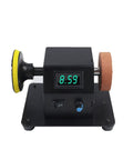 Knockout Mini Bench Grinder With A Legit 300 Watt Copper Motor Quick Swap Adapters Forward Reverse Switch Rugged Steel Frame Built Tight For Serious Shop Work Slick Metal Polishing And Wood Finishing, showing front view with polishing wheels.