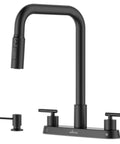 APPASO 4 Hole Kitchen Faucet Matte Black, Dual Handle with Soap Dispenser, sleek design with pull-down sprayer.
