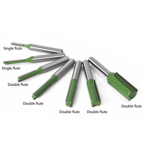 Tough As Nails Seven Piece Tungsten Carbide Router Bit Set With One Quarter Inch Shank Straight Dado Bits showcasing single and double flute options.