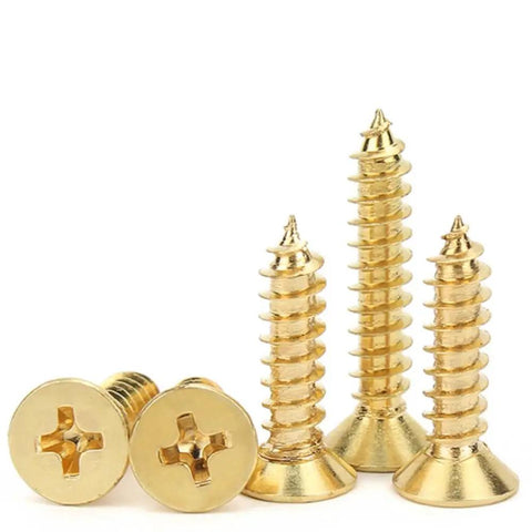 Bad Boy Solid Brass Countersunk Self Tapping Wood Screws With Phillips Cross Recessed Heads, close-up view of 50 pieces, ideal for DIY projects.