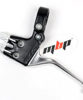 One Hand Dual Brake Lever For Cantilever And Caliper Brakes Right Hand Use Only Alloy MTB Trail Gravel Trikes And More Lets You Grab Front And Rear Brakes With One Easy Pull shown from side view with MBP logo