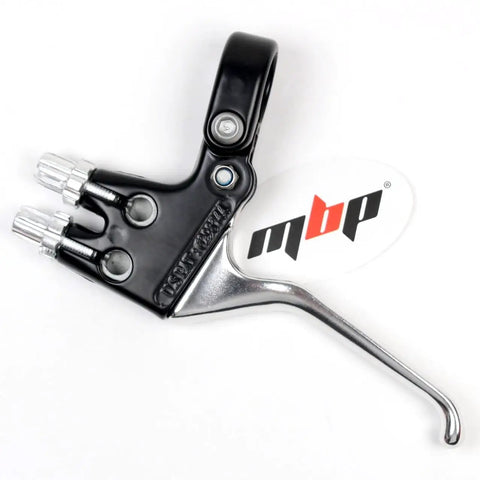 One Hand Dual Brake Lever For Cantilever And Caliper Brakes Right Hand Use Only Alloy MTB Trail Gravel Trikes And More Lets You Grab Front And Rear Brakes With One Easy Pull shown from side view with MBP logo