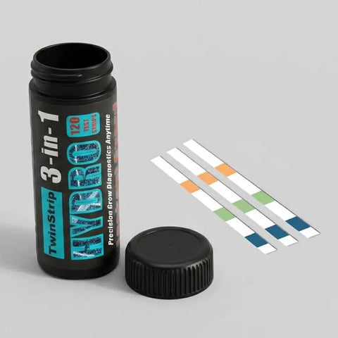 Hydroponic Water Test Strips 120 Pack Fast Ph Alkalinity And Hardness Checker in a black bottle with test strips.