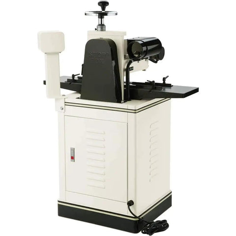 Badass Two Hp Planer Molder With Stand And Power Feed 220 Volt Woodworking Beast featuring a white and black design, power feed and sturdy frame.
