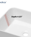 No Cap Quality Rectangular Vessel Sink, White Porcelain Countertop Bathroom Vanity Basin, 19 By 15 Inch Above Counter close-up showing depth 4-2/5''