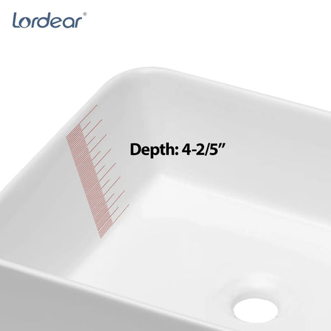 No Cap Quality Rectangular Vessel Sink, White Porcelain Countertop Bathroom Vanity Basin, 19 By 15 Inch Above Counter close-up showing depth 4-2/5''