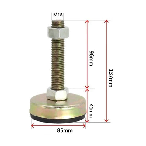 Set Of Ten Heavy Duty Furniture Leveling Feet With Titanium Coated Stainless Steel Rods and M20 Threads for wobbly tables, shown measuring 137mm tall.