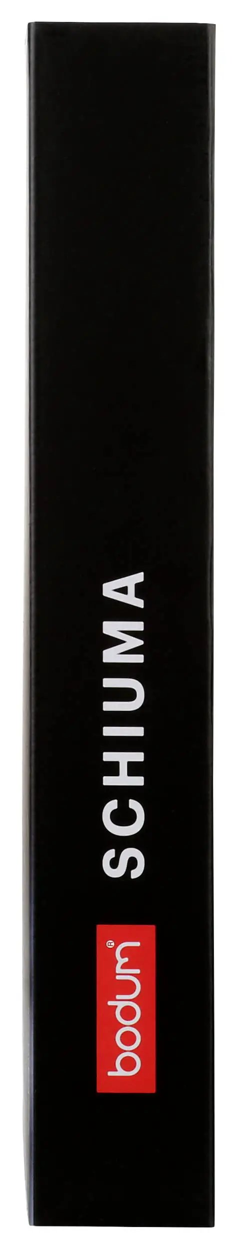 Side view of Schiuma Battery Operated Milk Frother box with brand logo and black packaging.