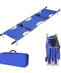 Lightweight Four-Fold Emergency Stretcher with Aluminum Alloy Frame, shown unfolded and folded with carrying case.
