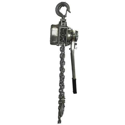 Rock Solid Manual Lever Chain Hoist Crafted From Stainless Steel 304 With Rust Resistant Shield For Hardcore Warehouse And Workshop Rigging Tasks At 0.75 Ton Capacity Over Three Meters, side view.