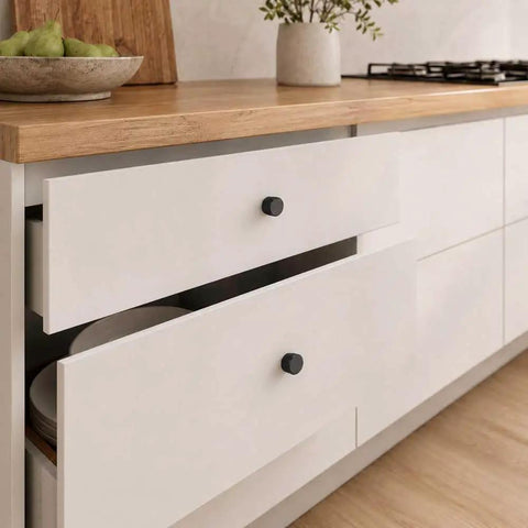Grab These Totally Solid 24 Pack Aluminum Cabinet Knobs And Drawer Pulls Super Durable Black Hardware For Kitchen Cupboards And Dressers Brushed Brass Vibe Included: Black aluminum cabinet pulls on white drawers.