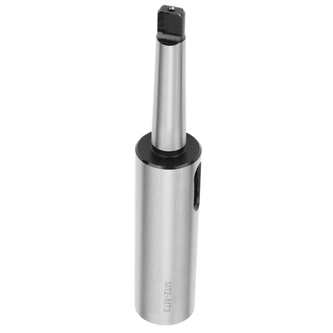Front view of MT2-MT3 taper drill sleeve adapter with Morse taper shank; silver metal body, black collar.