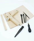 Front view of BESTNULE leather strap cutter with wooden handle and 3 interchangeable blades