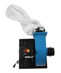 Super Sweet 1HP Dust Collector With Wheels top view showcasing blue design, white bag, and motor, ideal for workshop dust management.