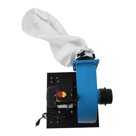 Heavy Duty Shop Dust Collector, 15 Gallon Rolling Dust Extractor, blue motor and white filter bag, top view.