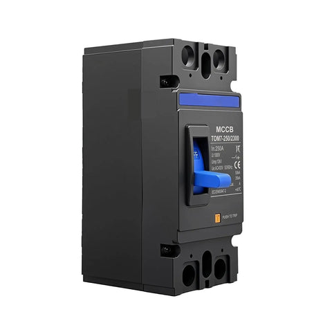 Moulded Case Circuit Breaker Workhorse With Overload Protection And Quick Short Circuit Cutoff Keeps Your Electrical Load Safe And Running Smooth Heavy Duty Industrial Grade Breaker Ready For Real World Use, black 250A MCCB with blue handle, front view