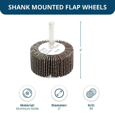 Aluminum Oxide Flap Wheel Set Two Inch By One Inch With Quarter Inch Shank Mounted 80 Grit front view showing dimensions