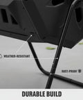 Close-up of the frame of an Outdoor Tumbling Composter 43 Gallon Dual Chamber With Black Door Fast Assembly Rotating Compost Bin