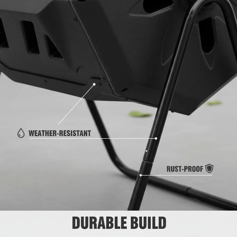 Close-up of the frame of an Outdoor Tumbling Composter 43 Gallon Dual Chamber With Black Door Fast Assembly Rotating Compost Bin