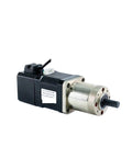Permanent magnet Nema17 stepper motor with gearbox, black body, silver flange, protruding shaft.