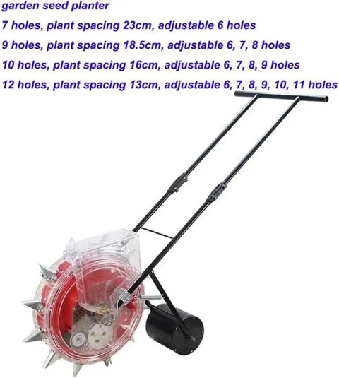 Metal Precision Garden Push Seeder for Walk Behind Row Crop Planting With Clear Seed Storage Box and adjustable hole settings