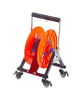 Rugged Pro Grade Wire Spool Rack On Wheels For Electrical And Garage Use with steel frame and orange ABS housing