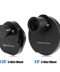 Side-by-side view of Eyepiece Wheel For 1.25 Inch And 2 Inch Telescopes With 5 Filter Carousel Includes Moon And Planetary Filters Pro Grade Barlow Lens Compatibility Astrophotography Ready Astronomy Accessories For Crisp Views, showing both filter wheels.