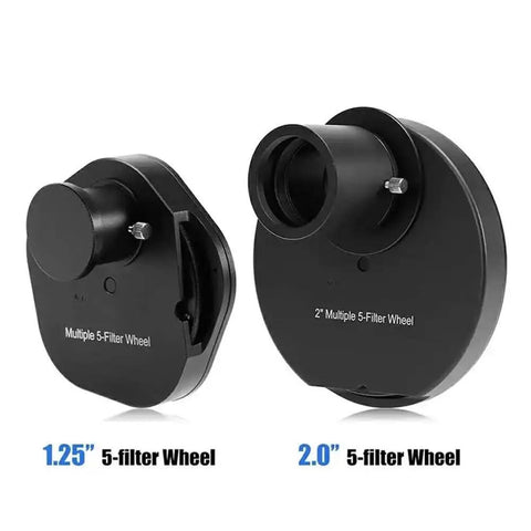 Side-by-side view of Eyepiece Wheel For 1.25 Inch And 2 Inch Telescopes With 5 Filter Carousel Includes Moon And Planetary Filters Pro Grade Barlow Lens Compatibility Astrophotography Ready Astronomy Accessories For Crisp Views, showing both filter wheels.
