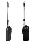 Front and side view of RH770 Dual Band Telescopic Handheld Ham Radio Antenna 2m 70cm VHF UHF with SMA-F connector on radio.