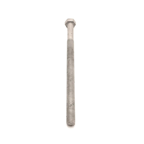 Close-up of a single bolt from 1/2-13 X 8 Exterior Galvanized Hex Bolt Kit With 25 Bolts, 50 Flat Washers, 25 Nuts, 25 Split Lock Washers, 6 Inches Of Thread, Commercial Grade 307A For Heavy Duty Outdoor Fastening.