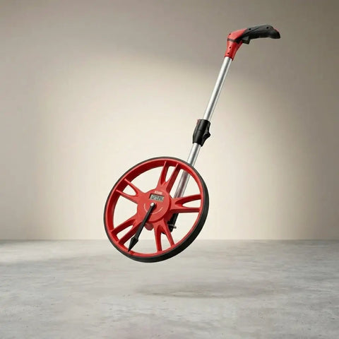 Hella Portable Foldable Distance Measuring Wheel With Bright Lcd Screen And Built In Carry Strap Rolls Out Smooth For Contractors And Handyman Teams, featuring red wheel and silver handle.