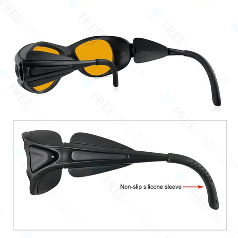 OD Six Plus Laser Safety Glasses 190 Nm To 490 Nm Spectrum Eye Protection side view with black sport frame and silicone sleeve