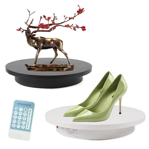 Heavy Duty Motorized Rotating Display Stand With Smooth 360 Degree Turntable For Product Photography And Retail Exhibits Supports Up To 220lbs Loads with sculpture and shoes