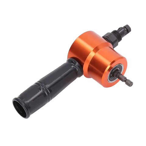 360 Degree Dual Head Sheet Metal Cutter Drill Bit Attachment For Precise Cutting And Drilling Metal Pipes And Panels Adjustable Angle Tool with black handle and orange metal head.