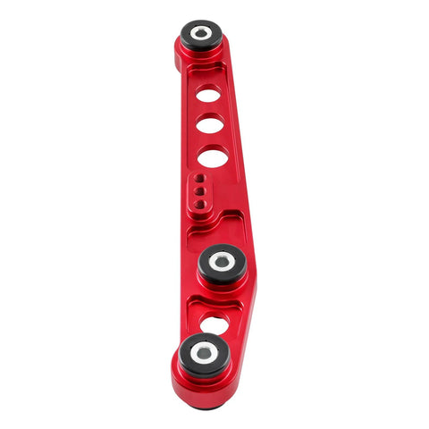 Red aluminum rear lower control arm with polyurethane bushings, side view