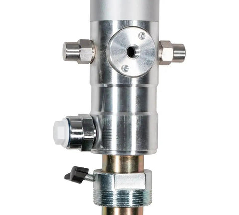 Close-up of Air Operated Oil Pump for 55 Gallon Drums Three To One Ratio 14 LPM Double Action Transfer Pump in aluminum detail