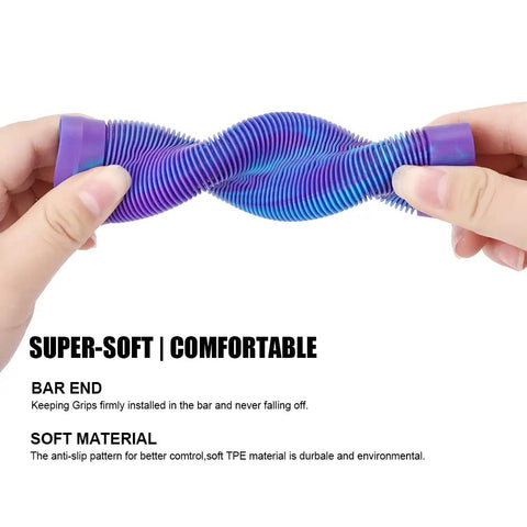 Hands holding Dope 145mm Soft TPR Scooter Grips With Mixed Color Handlebar Design for Pro Stunt Scooters BMX Bikes and MTB