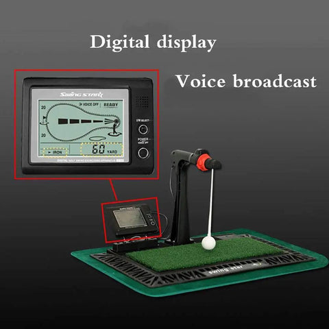 Game-Changing Golf Swing Trainer with digital screen and voice coach on practice mat showcasing feedback screen and swing arm.