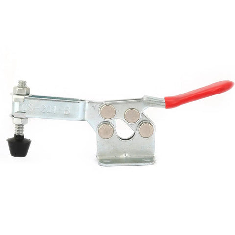 Horizontal Toggle Clamp Set For Welding And Drill Presses Built-Tough Heavy-Duty Carbon Steel Fixture, side view, red handle