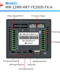 All In One PLC HMI With 2.8 Inch Touch Screen Display, Seven Input Five Relay Outputs, Four Transistor Outputs For 100KHz High Speed Pulses And Direction, FX1S Compatible, GX Works 2 Ready, displaying connection ports and labels
