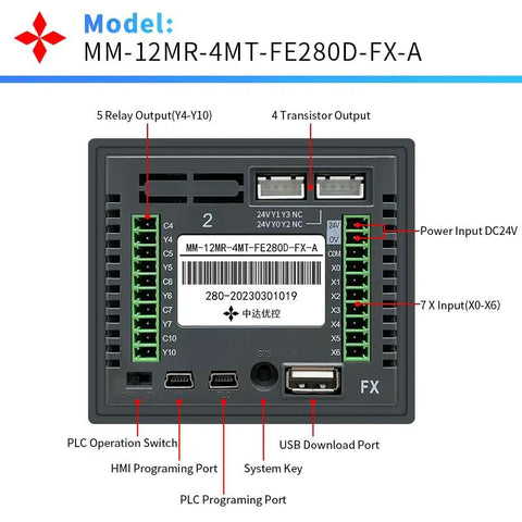All In One PLC HMI With 2.8 Inch Touch Screen Display, Seven Input Five Relay Outputs, Four Transistor Outputs For 100KHz High Speed Pulses And Direction, FX1S Compatible, GX Works 2 Ready, displaying connection ports and labels