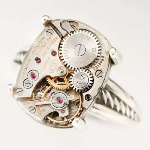 Steampunk Gear Ring With Time Traveler Design Metal Alloy Mechanical Ring featuring exposed gearwork and intricate details