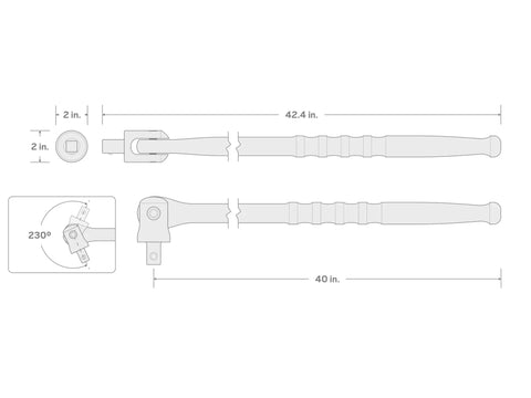Diagram of 40 Inch Breaker Bar With Three Quarters Inch Drive Pivoting Head Swivels Through 230 Degrees Internal Spring Locks.