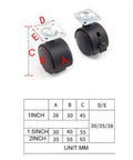 Two black swivel flat plate chair casters with snap on brakes, part of the Ten Piece Set Of Slick Swivel Flat Plate Chair Casters With Snap On Brakes And Smooth Glide Motion Built For Casual Office Seating And Rough Daily Wear Fast Drop In Install Scratch Free Alloy Rollers.
