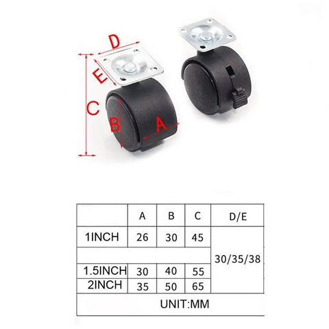 Two black swivel flat plate chair casters with snap on brakes, part of the Ten Piece Set Of Slick Swivel Flat Plate Chair Casters With Snap On Brakes And Smooth Glide Motion Built For Casual Office Seating And Rough Daily Wear Fast Drop In Install Scratch Free Alloy Rollers.