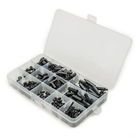 320 Pcs Nylon M3 Hex Spacer Standoff Bulk Pack With Screws Nuts Washers For PCB And Motherboard Assembly Male And Female Threaded Pillars Durable Non Conductive Insulating Spacers Easy Install Black in organizer box